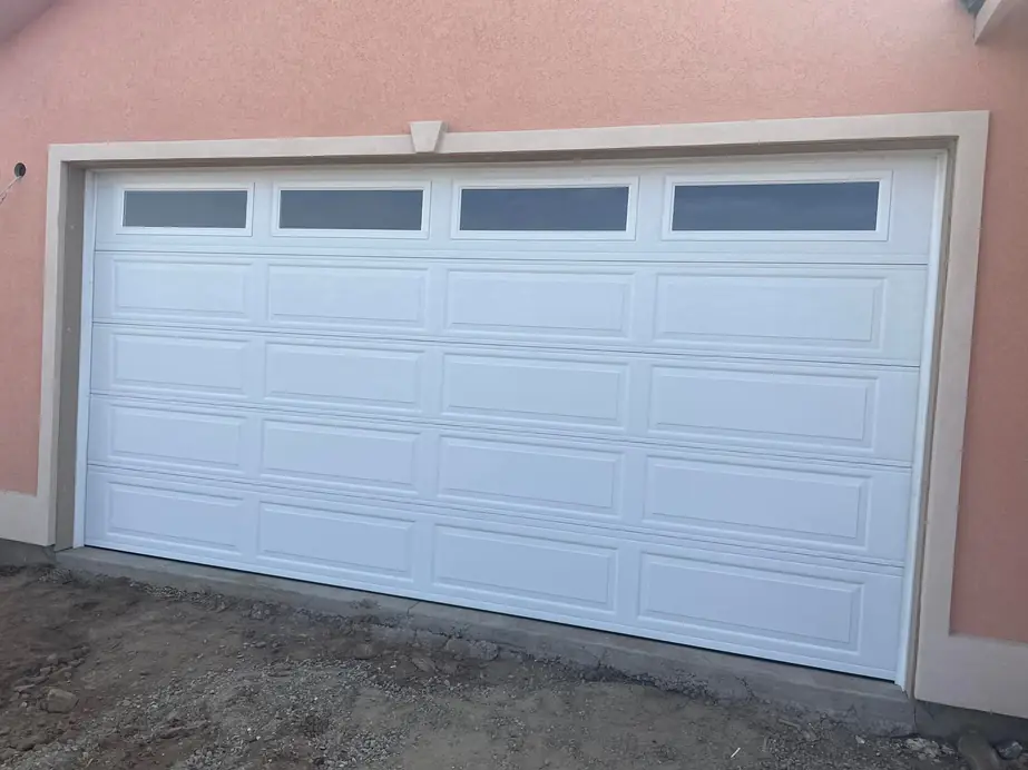 Finished white long-panel door with windows on the same house