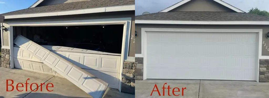 Before and after composite: a collapsed garage door on the left and its new replacement on the right